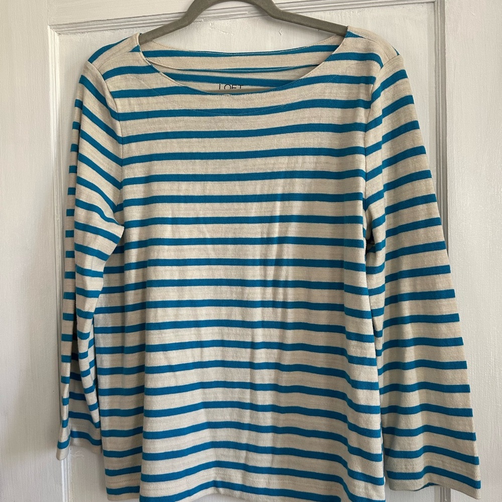 LOFT Striped Blue and Cream Long Sleeve Top